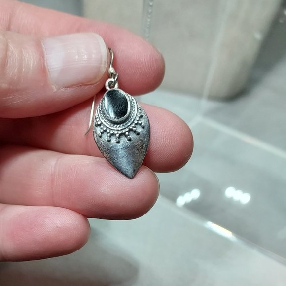 Earrings- sterling onyx tear drop with dotted details - Picture 3 of 4